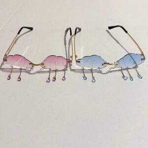 Cloud Shaped Rimless Sunglasses Blue Pink Gradient w/ Crystal Dangle Charms